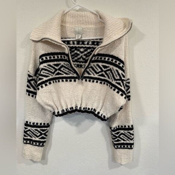 JOIE Women's Cream Black Aztec Fair Isle Pattern Half Zip Chunky Crop Sweater, S - Picture 1 of 4